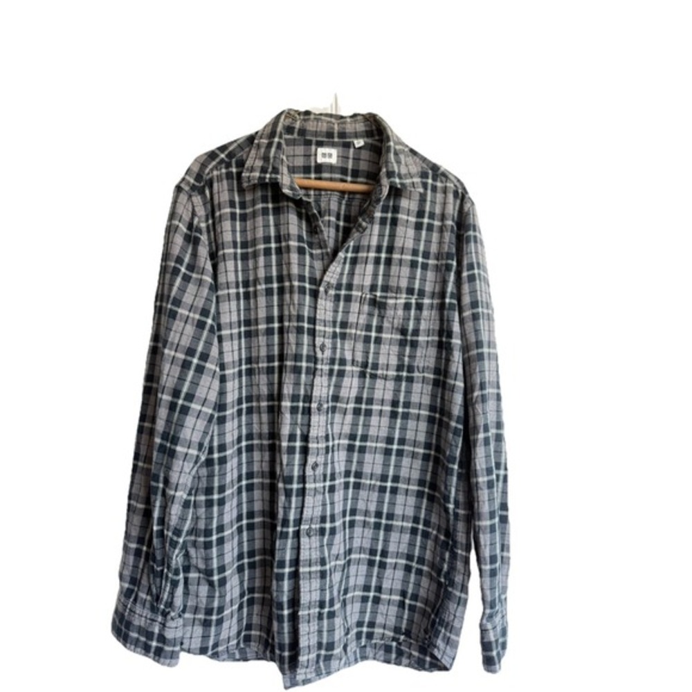 Uniqlo Men Size L Black Grey Check‎ Cotton Flannel Winter Shirt Casual Comfort